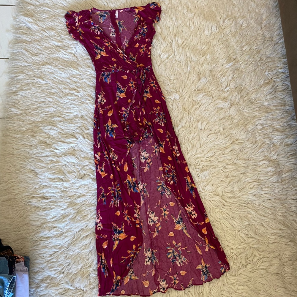 Burgundy Floral dress - short and tail